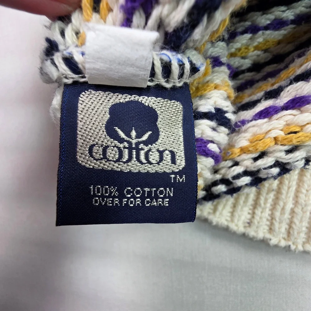 Vintage Eddie Bauer Mens Large Cotton Knit Sweater Multi-Color Crewneck Purple